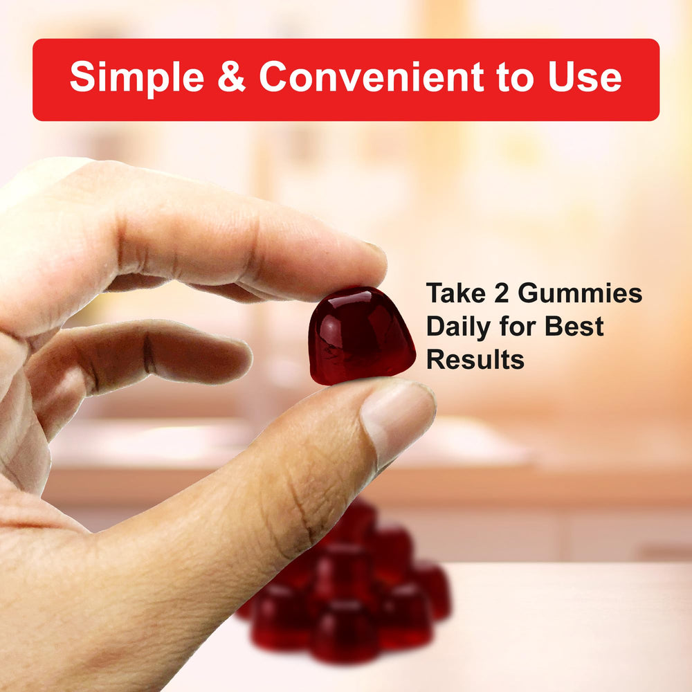 Healthy Living Association Glass with beet gummies shows easy on-the-go energy