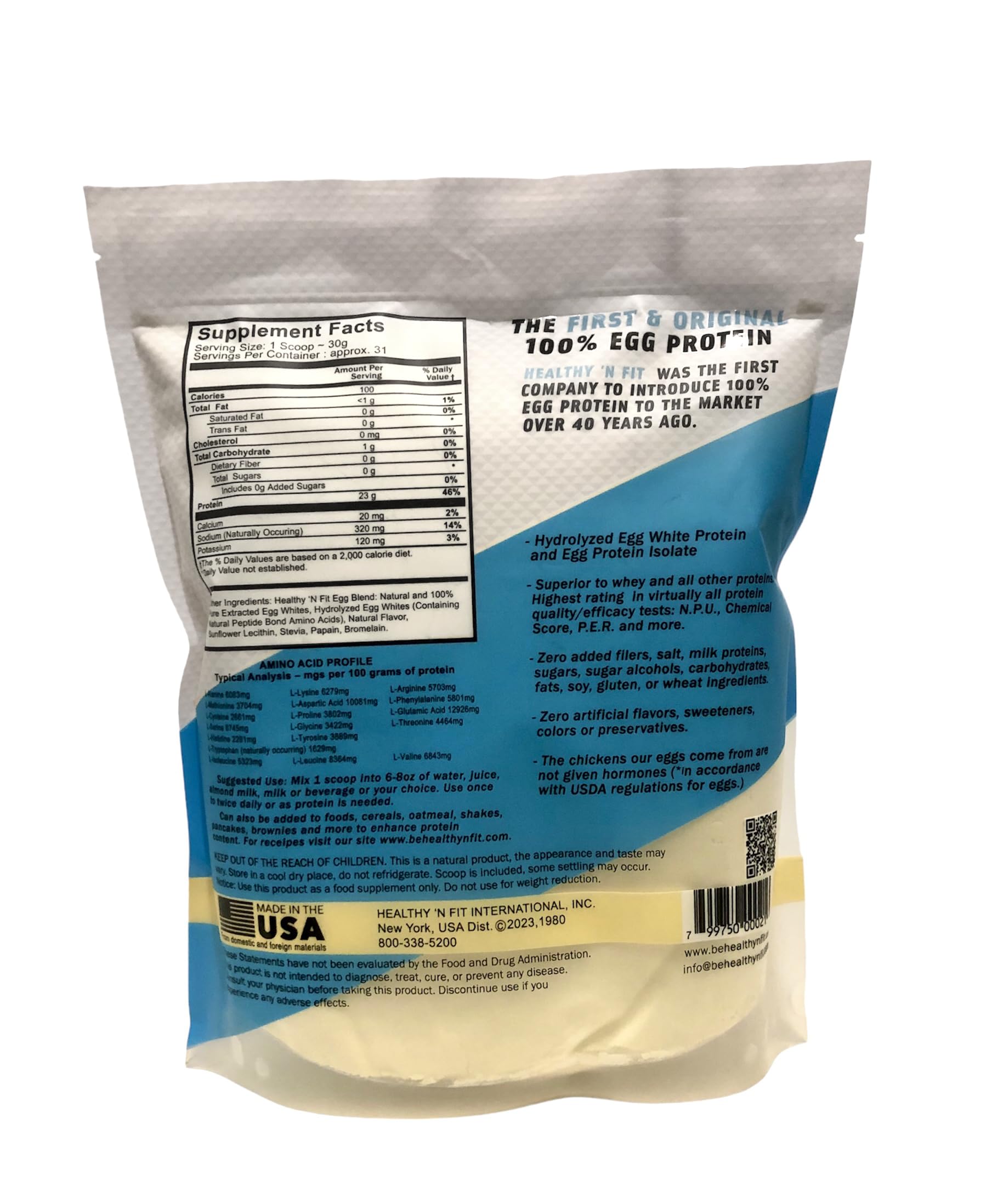 Nutrition panel on Healthy 'N Fit tub highlights protein quality and ingredients.