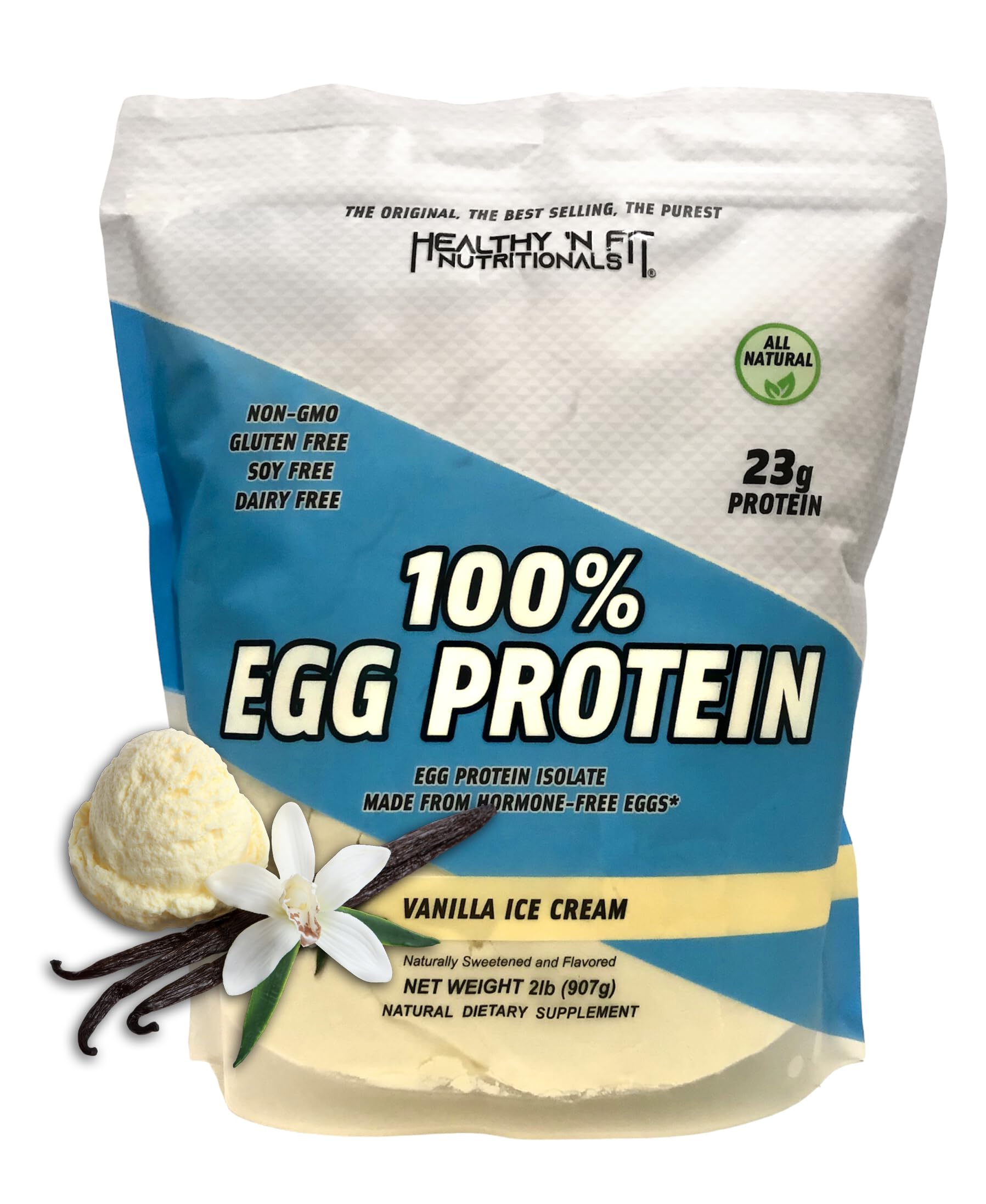 Healthy 'N Fit 100% Egg Protein Vanilla Ice Cream tub showcases pure egg white protein.