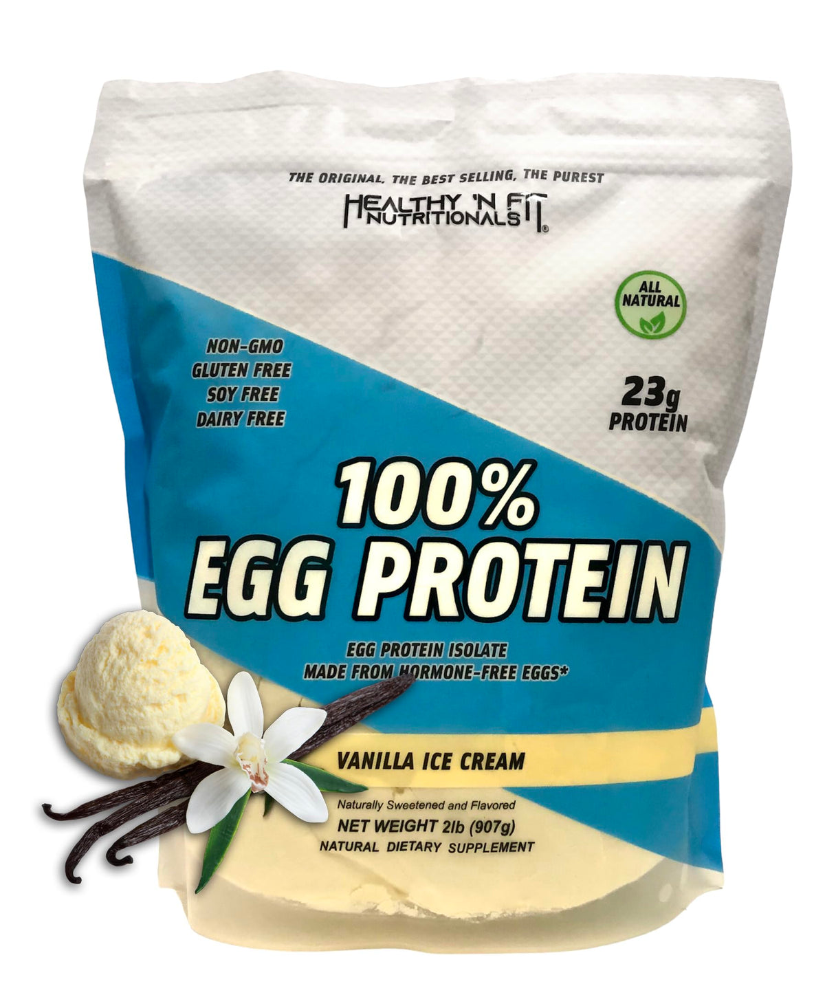 Healthy 'N Fit 100% Egg Protein Vanilla Ice Cream tub showcases pure egg white protein.