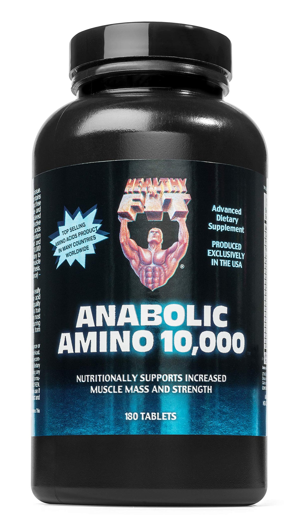 Healthy 'N Fit Amino 10,000 bottle pour highlights fast-absorbing amino acids for quick use