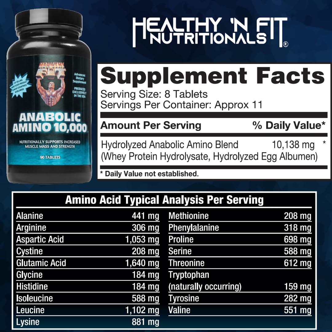 Healthy 'N Fit Amino 10,000 tablets closeup emphasizes complete amino acid profile
