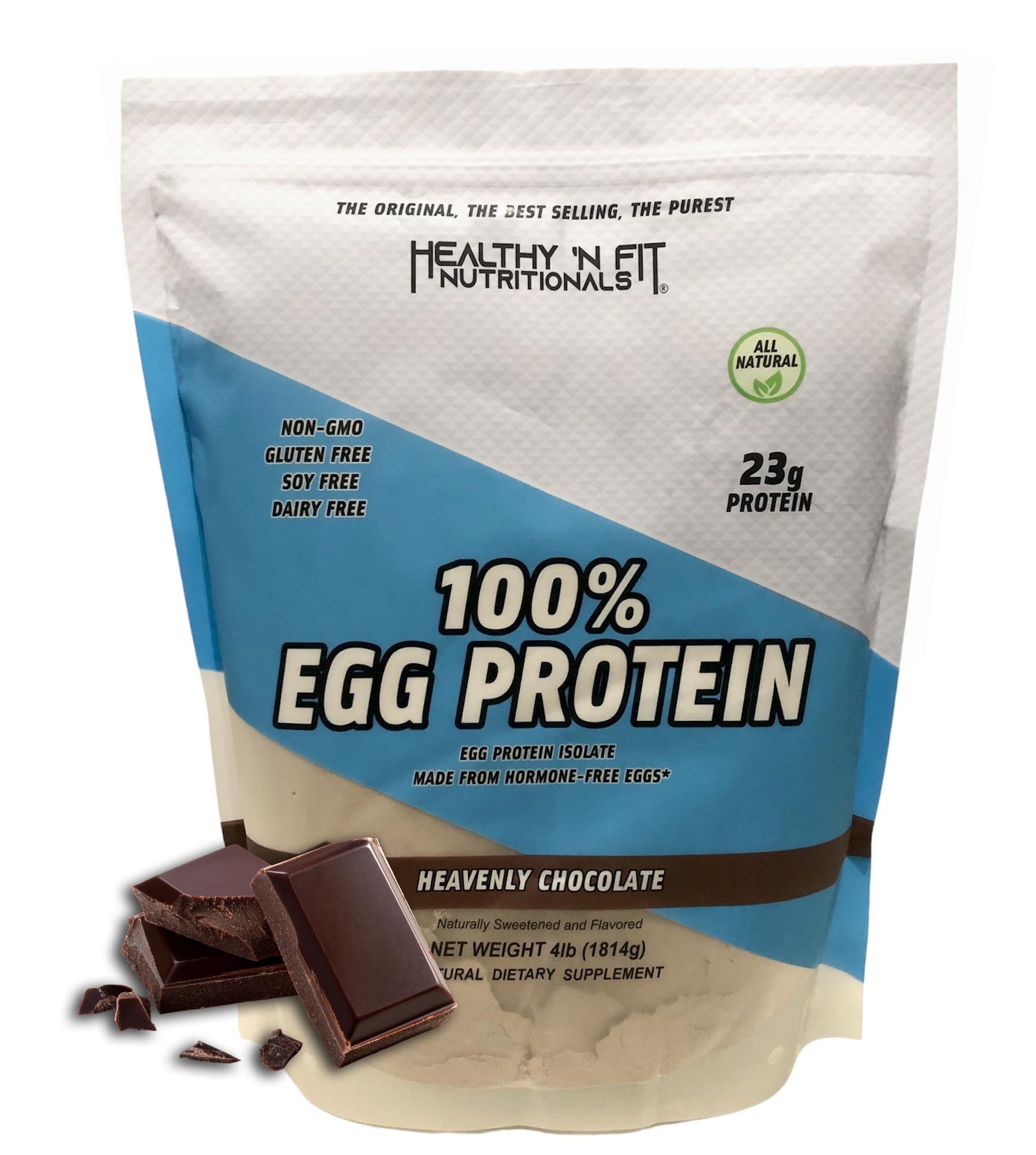 Healthy 'N Fit 100% Egg Protein chocolate powder bottle shows pure egg white protein for clean, lactose-free fueling