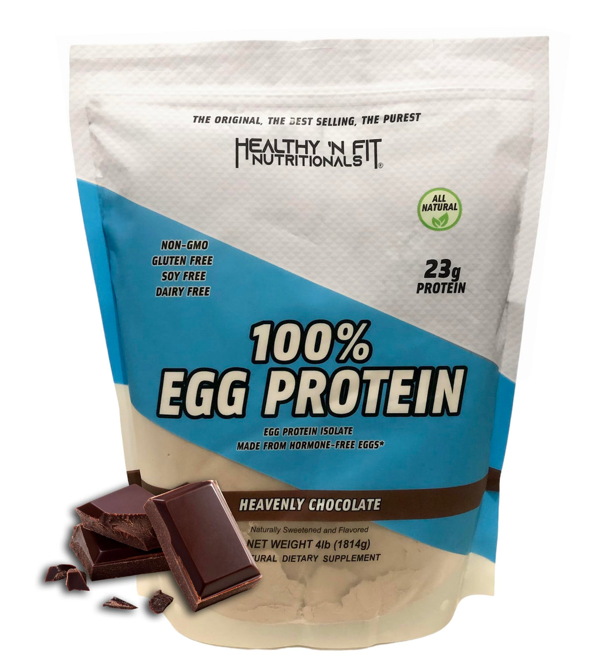 Healthy 'N Fit 100% Egg Protein chocolate powder bottle shows pure egg white protein for clean, lactose-free fueling