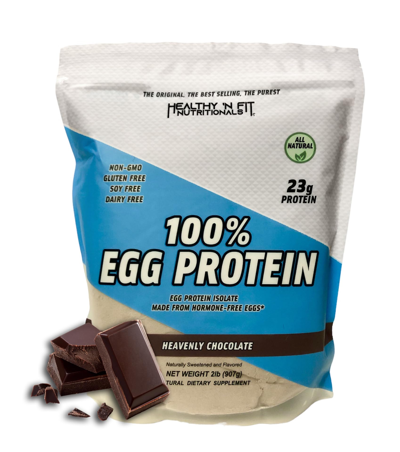 Healthy 'N Fit Heavenly Chocolate egg protein bottle pour demonstrates quick-mix shake