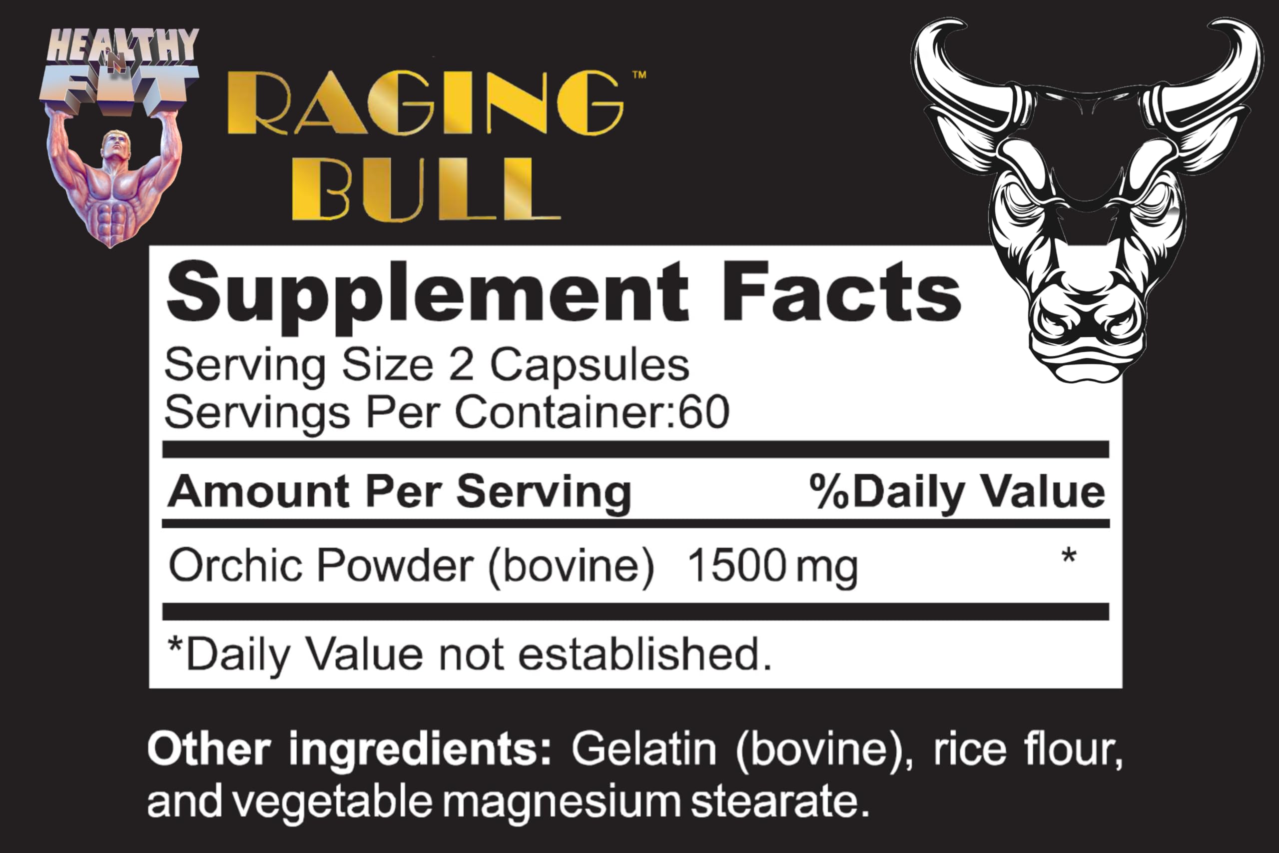 Healthy 'N Fit Raging Bull Mega Orchic capsules close-up for convenient daily use
