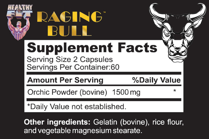 Healthy 'N Fit Raging Bull Mega Orchic capsules close-up for convenient daily use