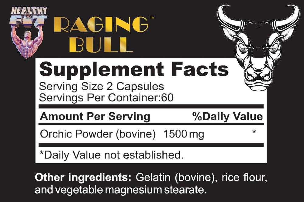 Healthy 'N Fit Raging Bull Mega Orchic capsules close-up for convenient daily use