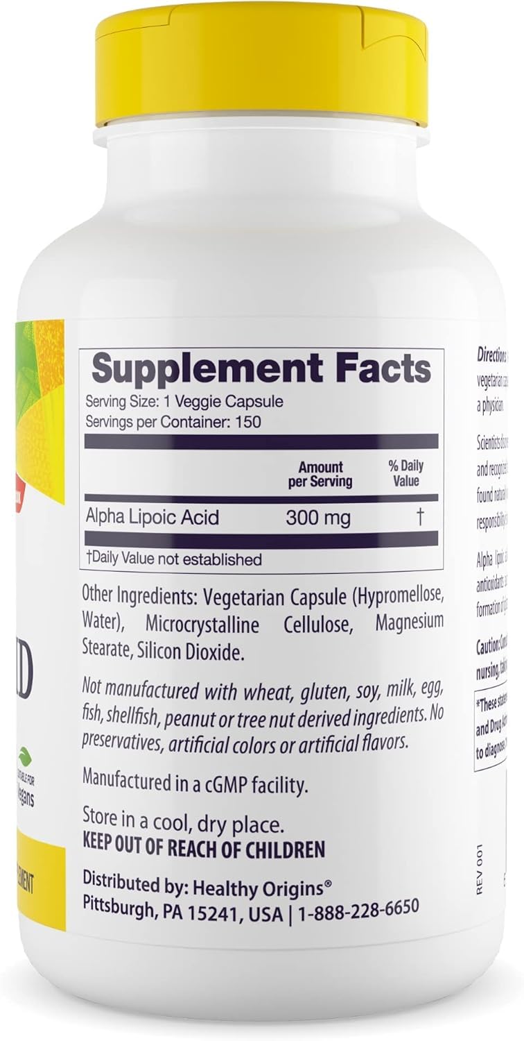 Healthy Origins Alpha Lipoic Acid label front highlights 300 mg per capsule.