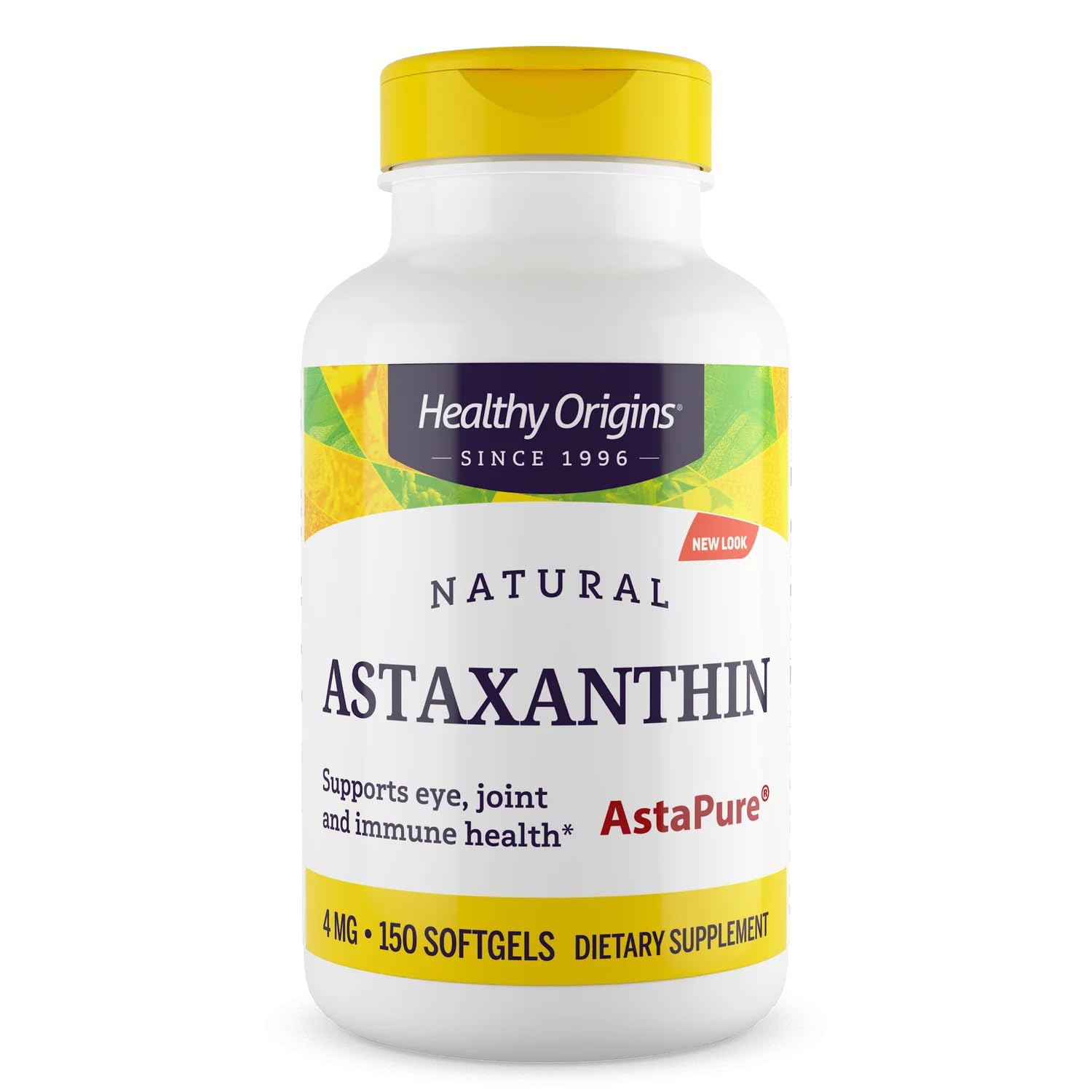 Healthy Origins Astaxanthin 4 mg bottle front demonstrates natural antioxidant support.