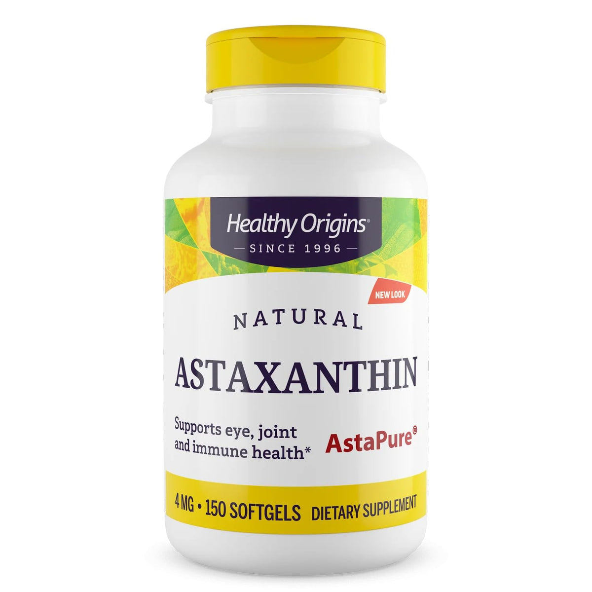 Healthy Origins Astaxanthin 4 mg bottle front demonstrates natural antioxidant support.