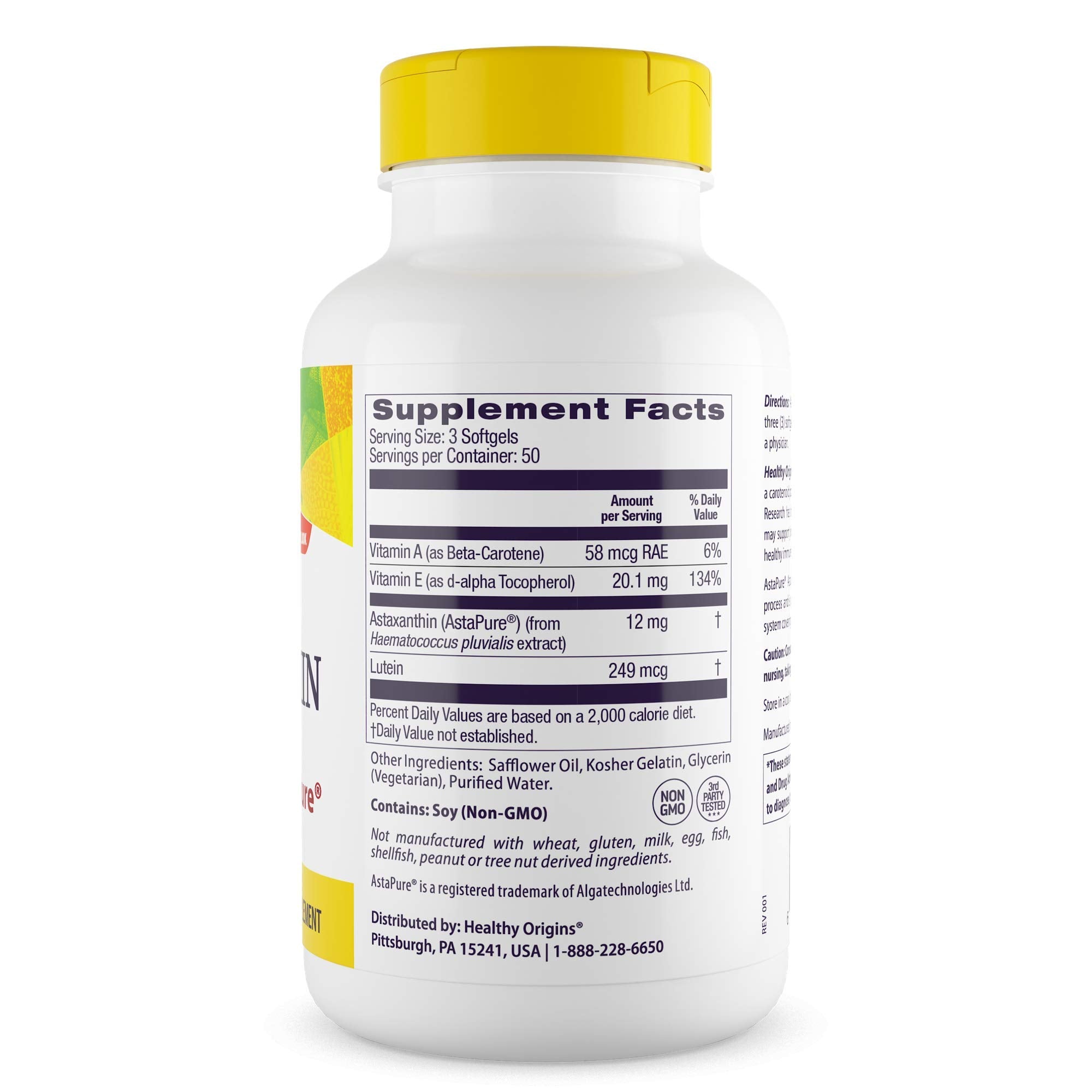Healthy Origins Astaxanthin label closeup shows Astapure triple-strength formula.