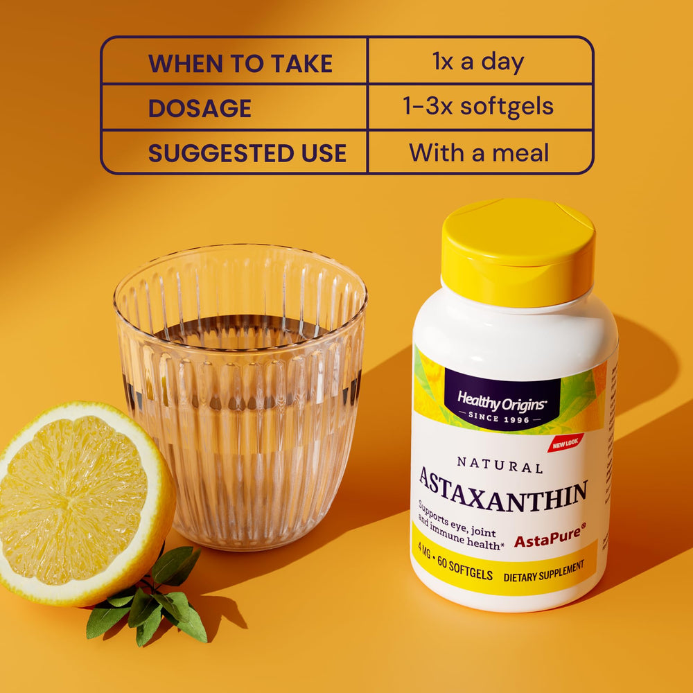 Healthy Origins Astaxanthin bottle top highlights easy daily dosing.