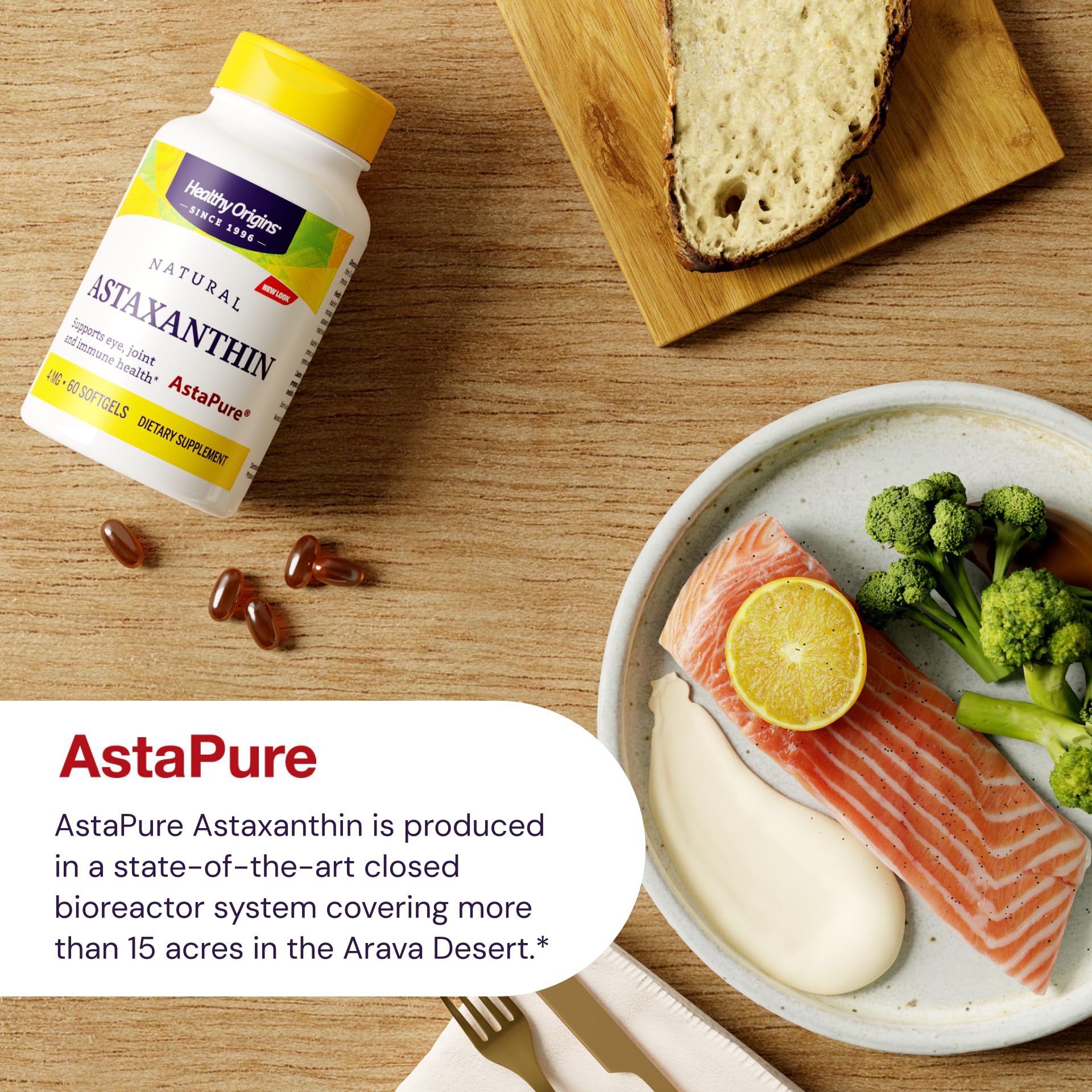 Healthy Origins Astaxanthin packaging showcases gluten-free and non-GMO status.