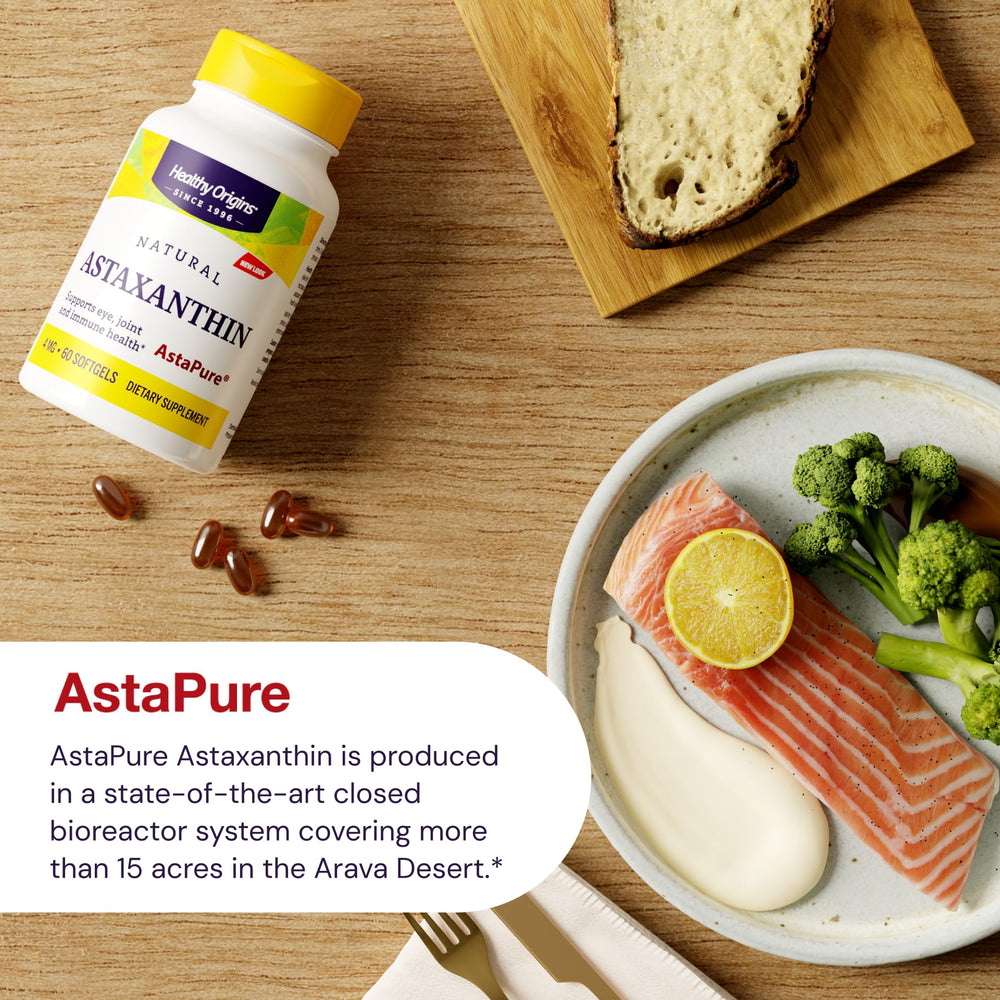 Healthy Origins Astaxanthin packaging showcases gluten-free and non-GMO status.