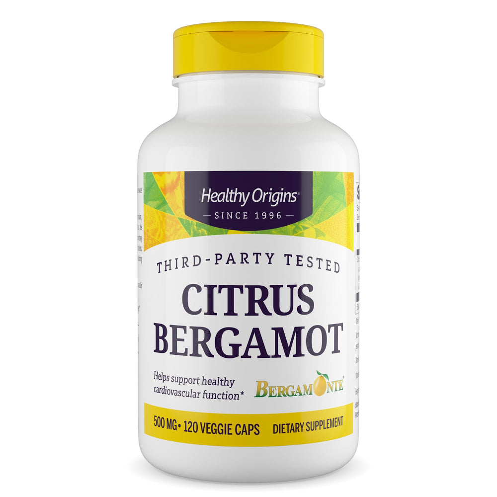 Healthy Origins Bergamonte bottle featuring patented citrus extract for cardiovascular support.