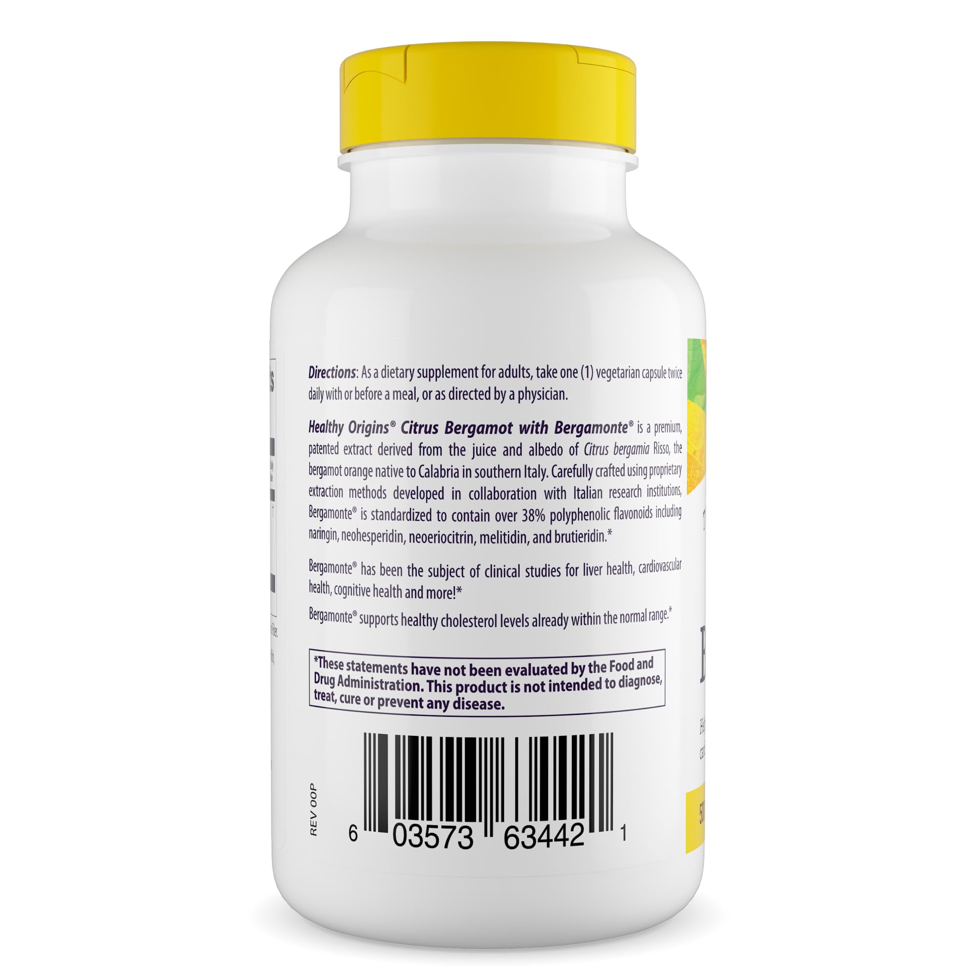 Healthy Origins bergamot capsules closeup highlighting vegan capsules and high polyphenol content.