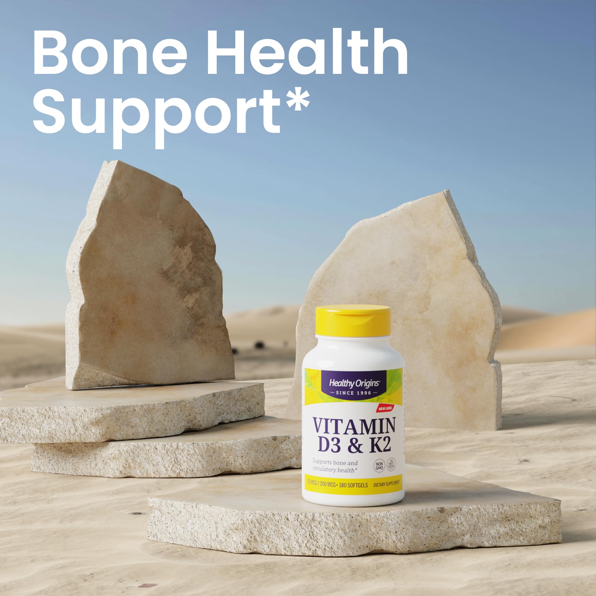 Healthy Origins bottle in a kitchen setting for daily supplement routine.