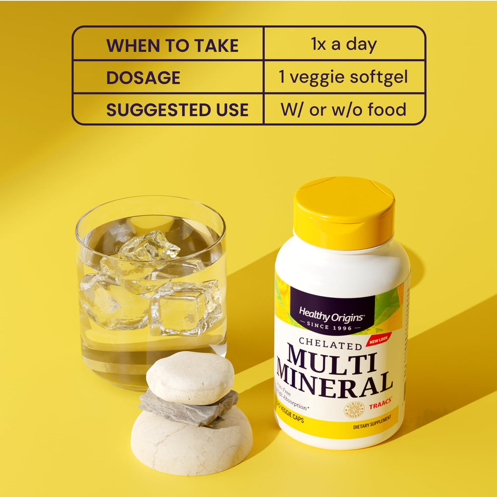Healthy Origins Chelated Mineral ingredients panel highlights Albion minerals.