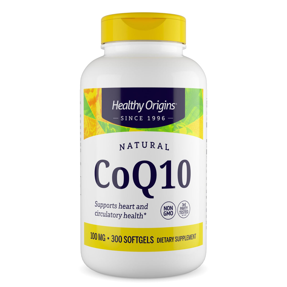 Healthy Origins CoQ10 100 mg softgel bottle highlighting daily heart and energy routines.