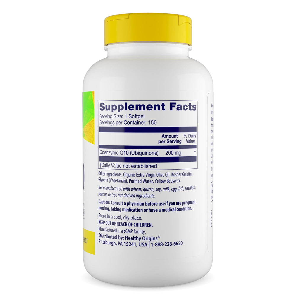 Healthy Origins CoQ10 bottle label closeup – clear potency and ingredients.