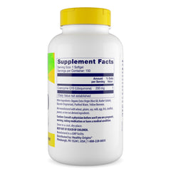 Healthy Origins CoQ10 bottle label closeup – clear potency and ingredients.
