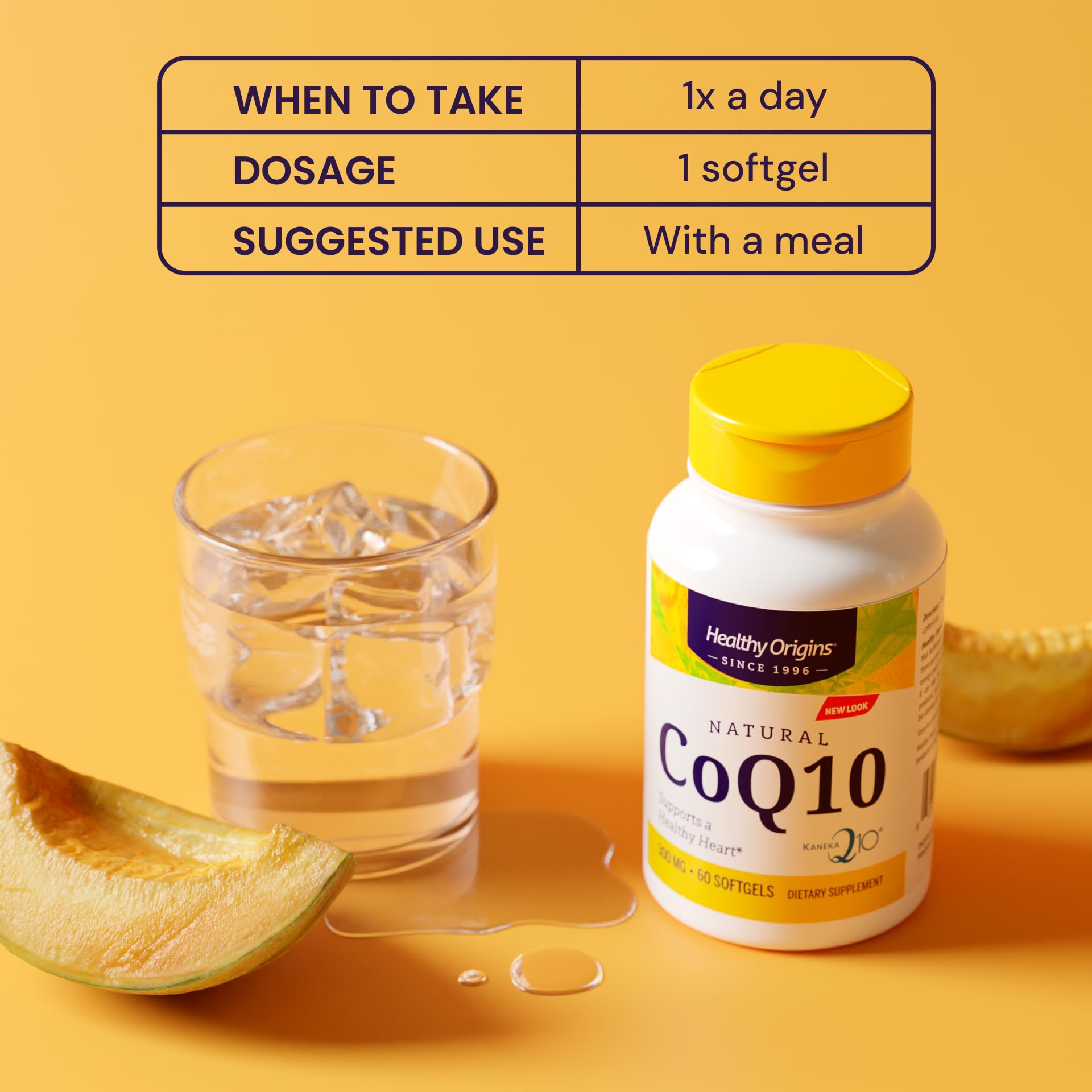 Healthy Origins CoQ10 bottle label detailing 300 mg per softgel.