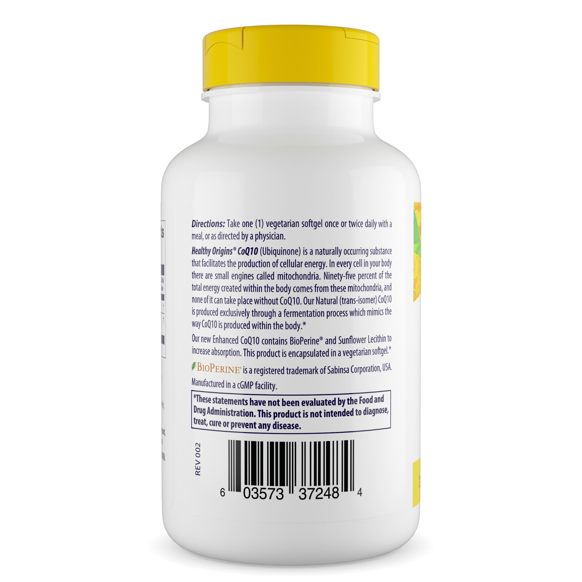 Healthy Origins CoQ10 bottle label emphasizing gluten-free and non-GMO claims.