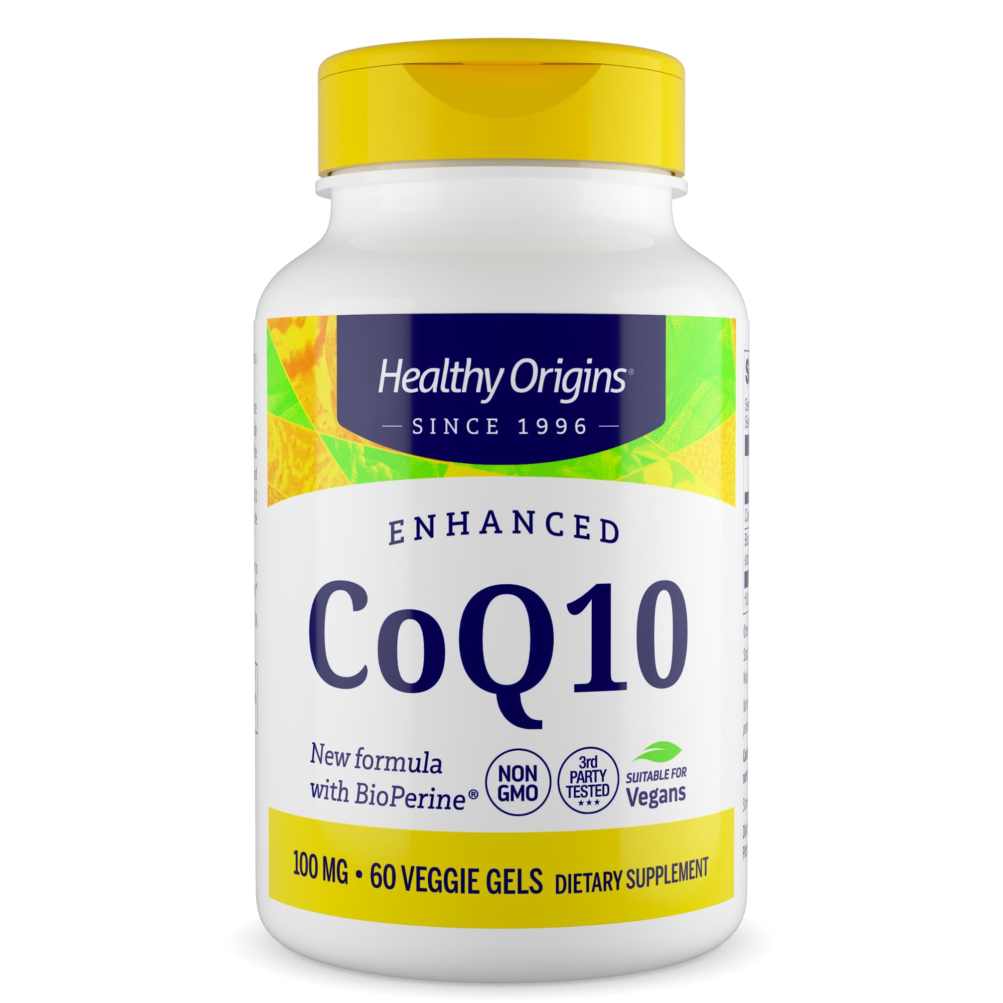 Healthy Origins CoQ10 Enhanced Bottle highlights improved absorption for daily energy support