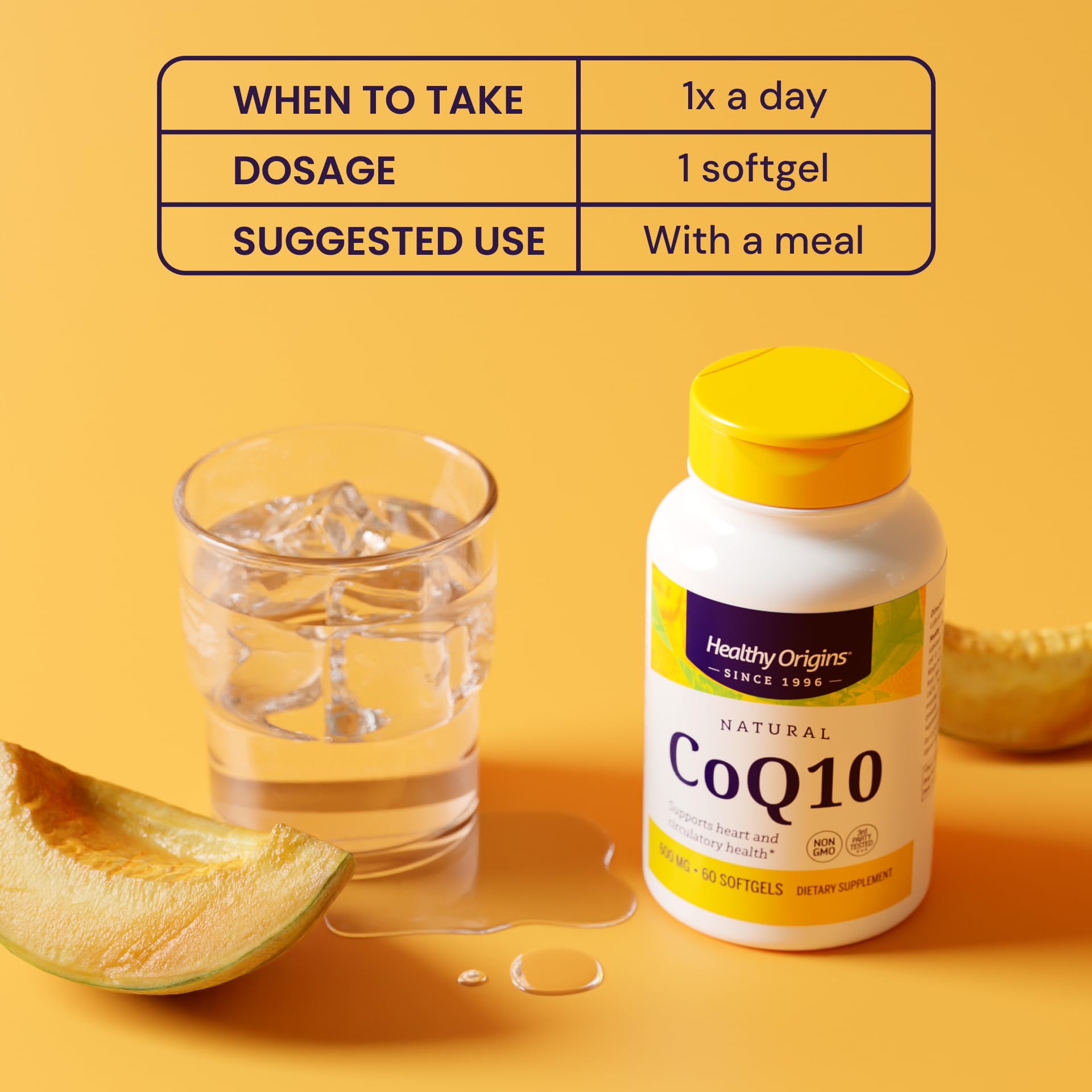Healthy Origins CoQ10 heart-health graphic suggests cardiovascular support potential.