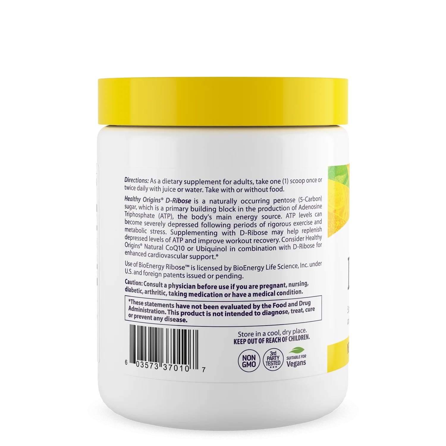 Close-up of Healthy Origins D-Ribose Powder label showing non-GMO and gluten-free features.
