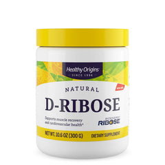 Healthy Origins D-Ribose Powder tub front highlighting energy support benefits.