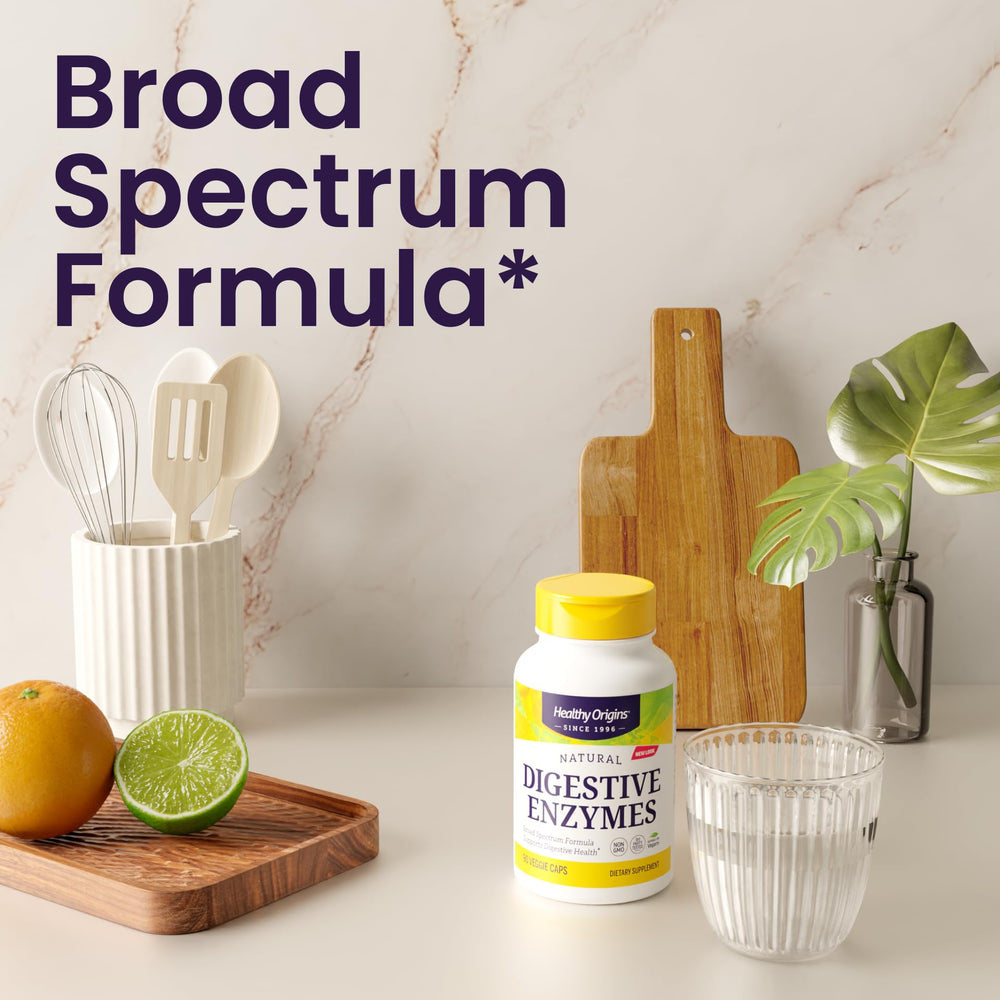 Healthy Origins Digestive Enzymes bottle pour illustrating quick intake for on-the-go digestion