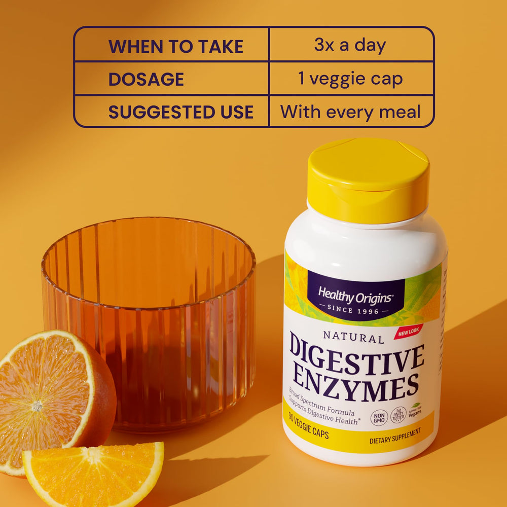 Healthy Origins Digestive Enzymes capsules on a surface indicate easy daily use