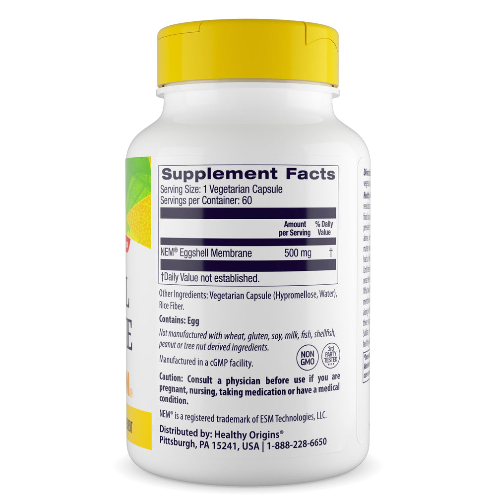 Healthy Origins eggshell membrane bottle front highlighting easy daily supplementation.