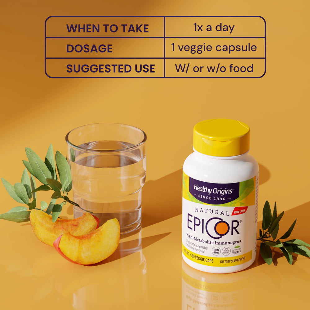 Healthy Origins Epicor 500 mg bottle pour suggests easy daily immune support.
