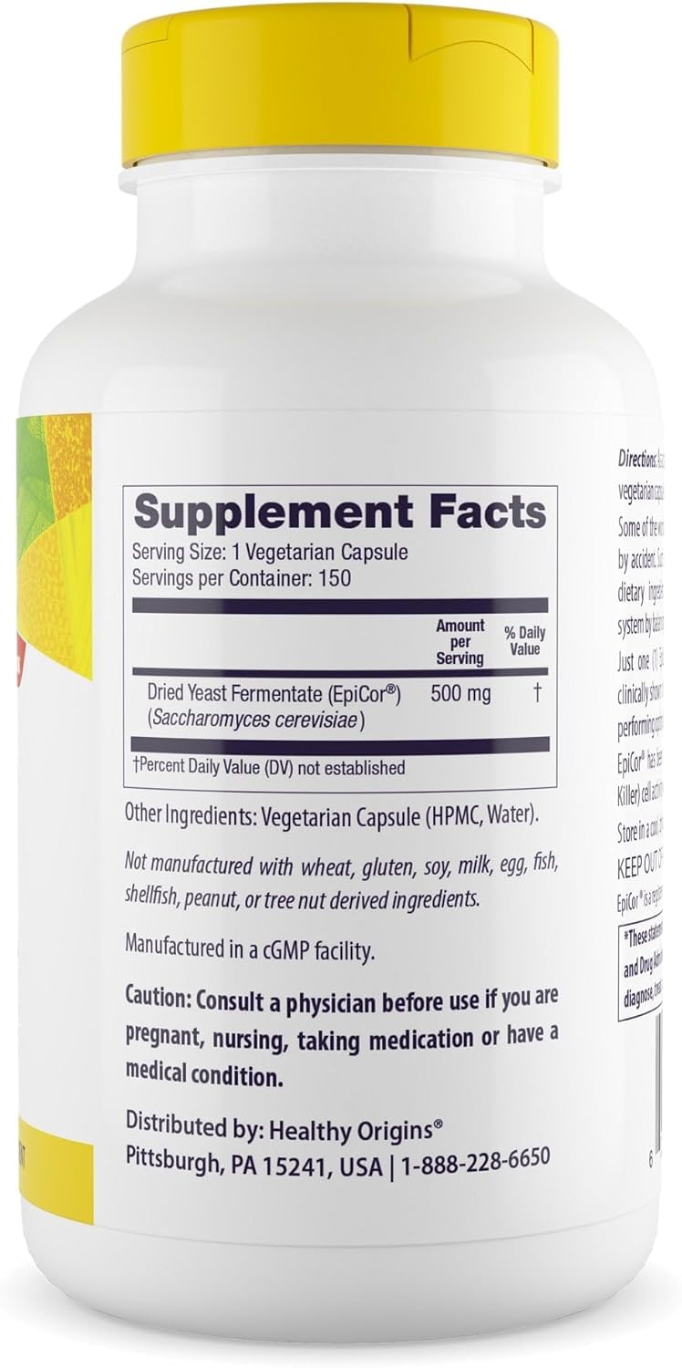 Healthy Origins Epicor 500 mg capsules close-up for daily immune support.