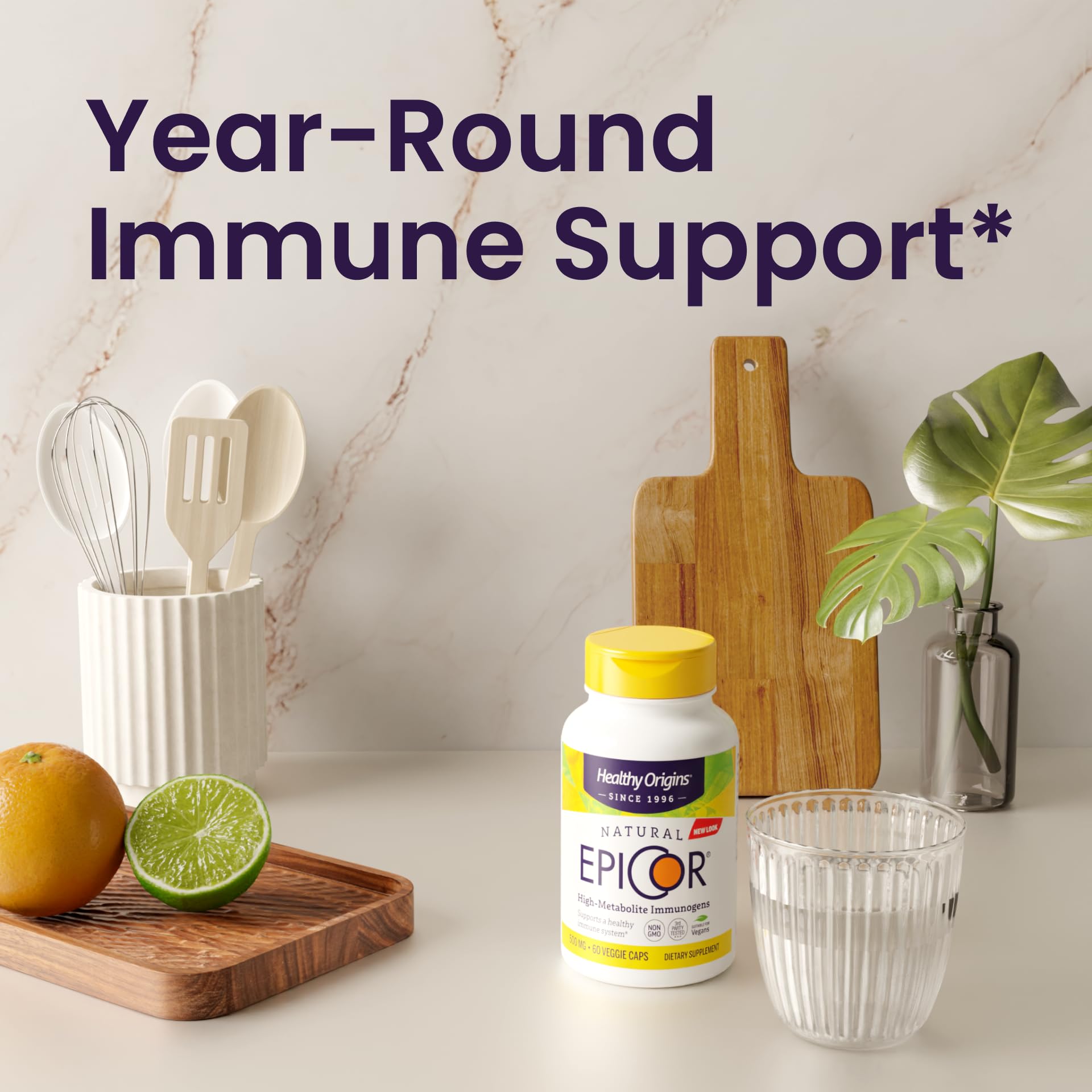 Healthy Origins Epicor 500 mg bottle displays non-GMO and gluten-free badge.