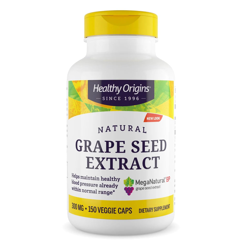 Healthy Origins grape seed extract bottle showing California-grown ingredients for daily wellness