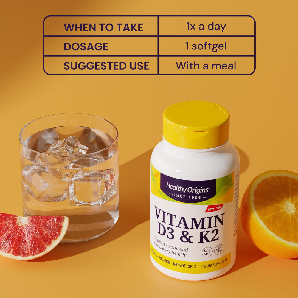 Healthy Origins ingredient icons highlight non-GMO and gluten-free features.