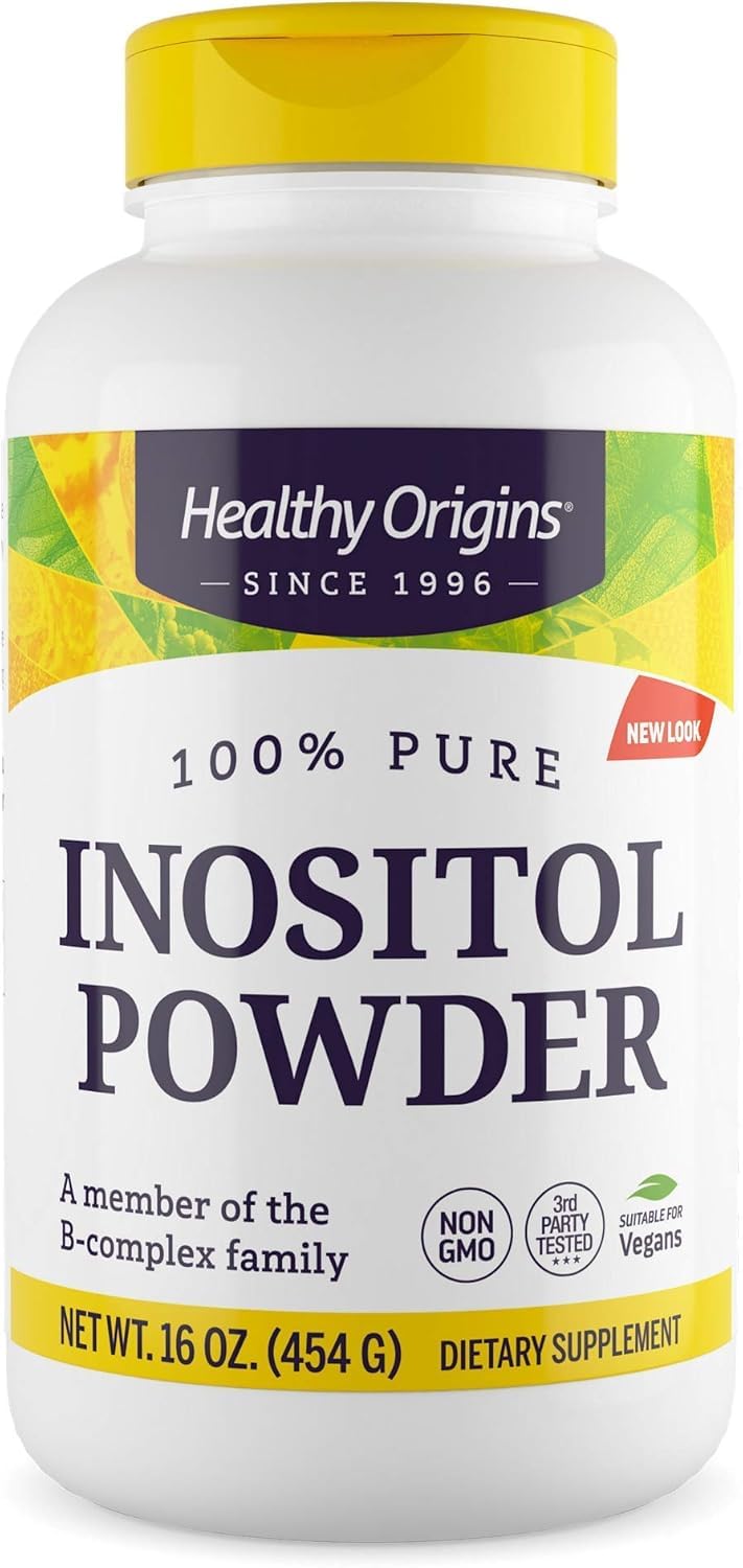 Healthy Origins Inositol Powder bottle shows vegan B-complex supplement for daily wellness.