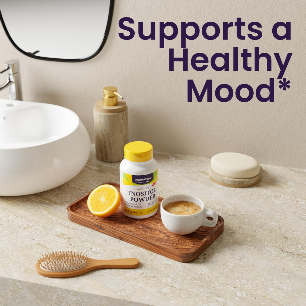 Healthy Origins Inositol powder measuring spoon enables precise dosing.