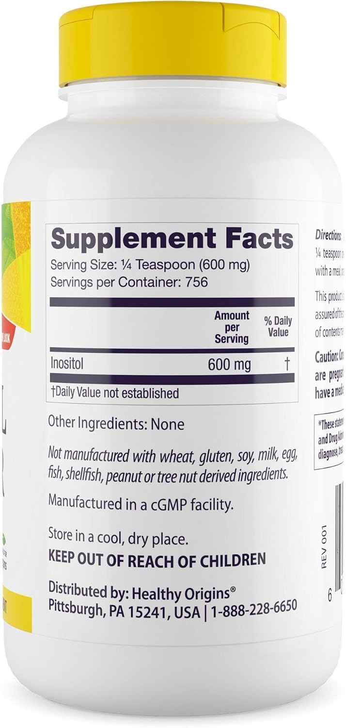 Healthy Origins Inositol Powder scoop prepared for easy daily dosing.