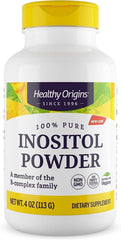 Healthy Origins Inositol powder tub label visible for daily wellness.