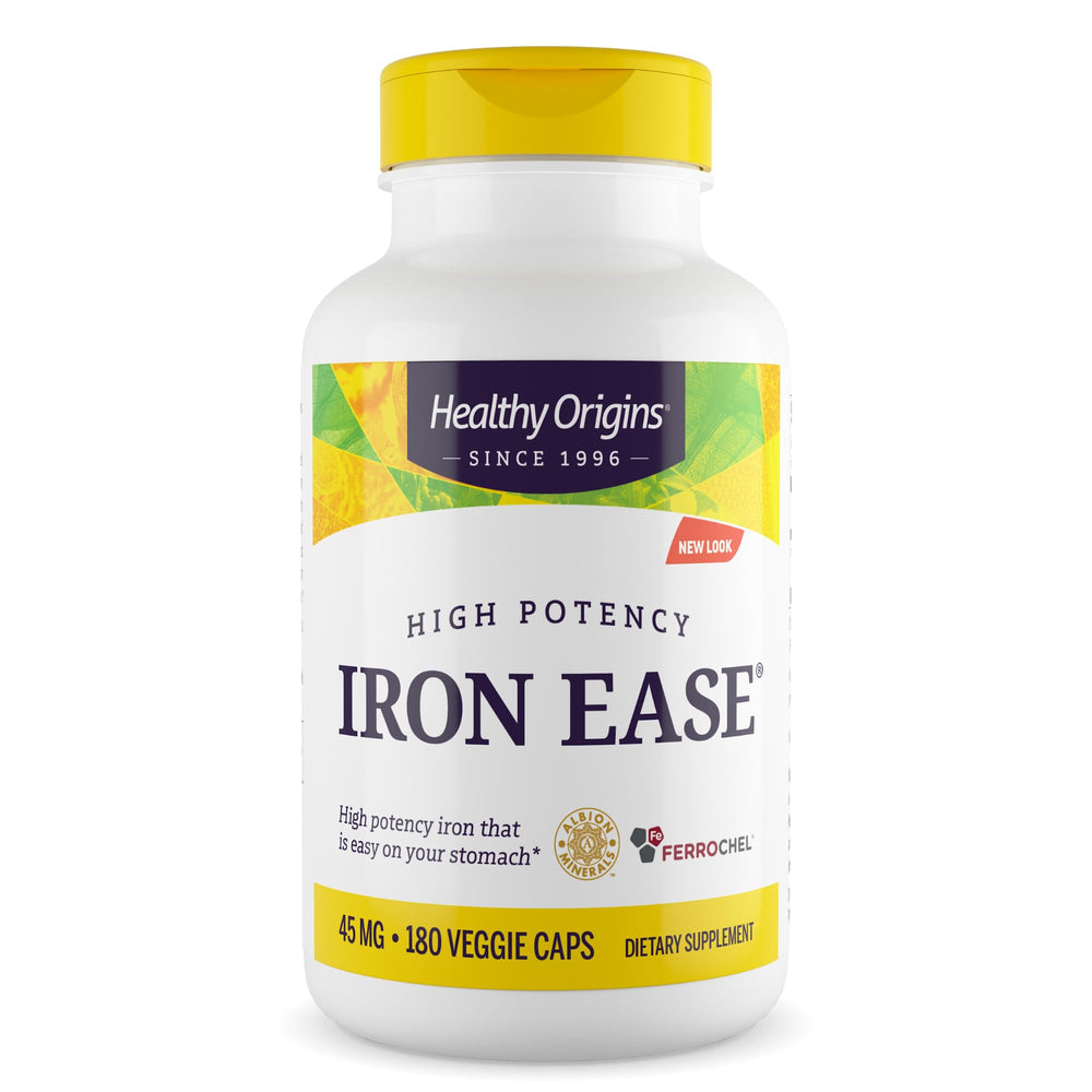 Healthy Origins Iron Ease bottle cap close-up, high-potency iron option.