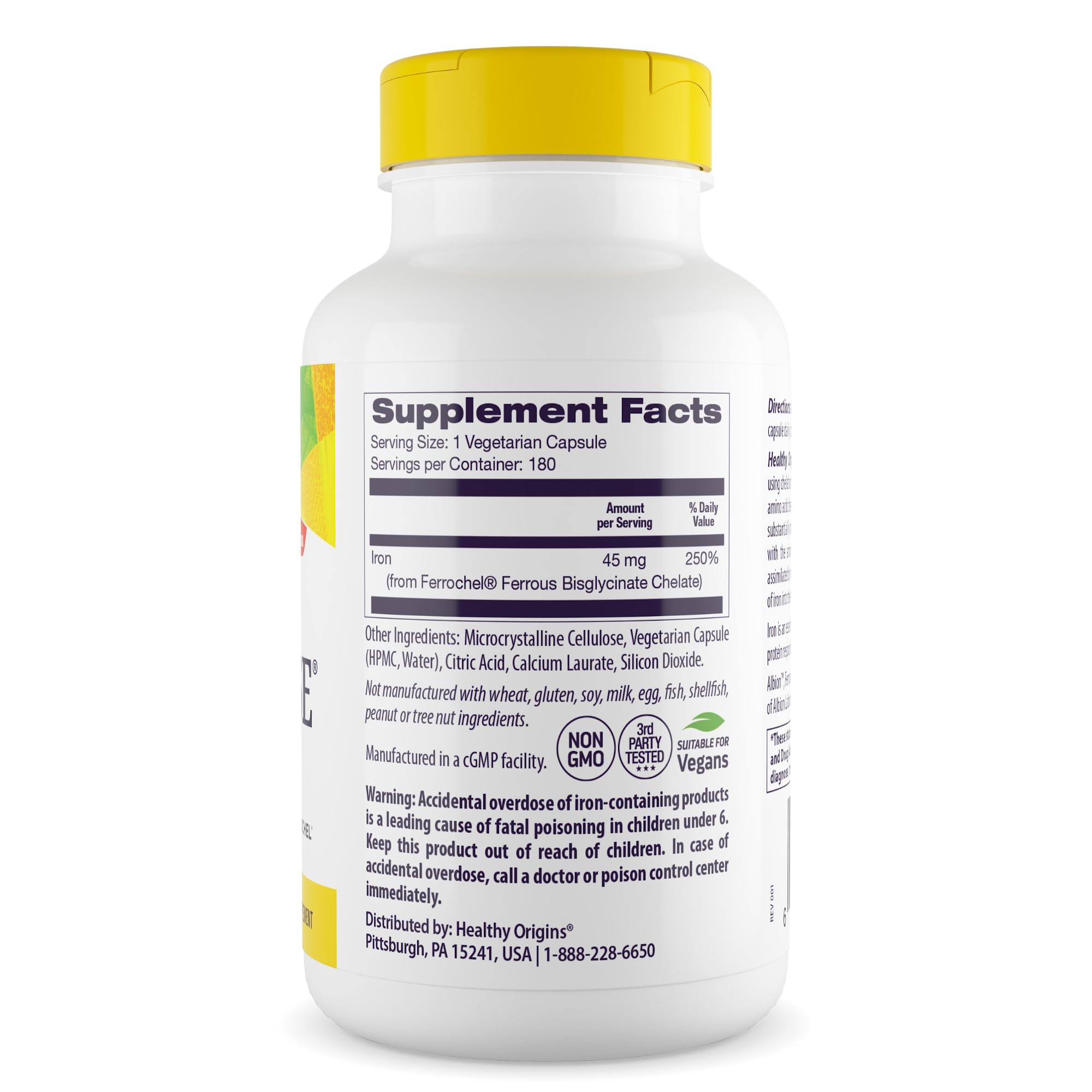 Healthy Origins Iron Ease label close-up highlighting Ferrochel chelated iron for absorption.