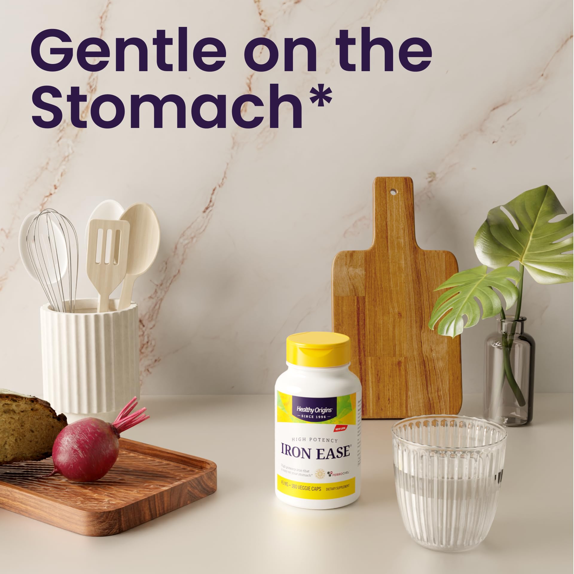Ferrochel chelate close-up on Healthy Origins Iron Ease packaging.