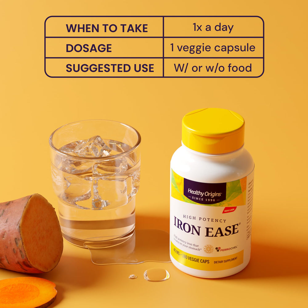 Non-GMO icon on Healthy Origins Iron Ease bottle.