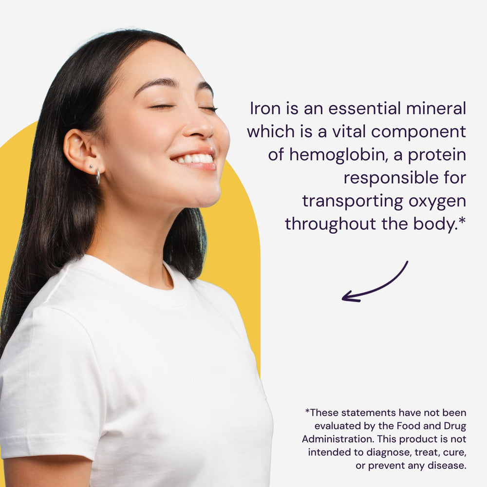 Vegan symbol with Healthy Origins Iron Ease packaging.