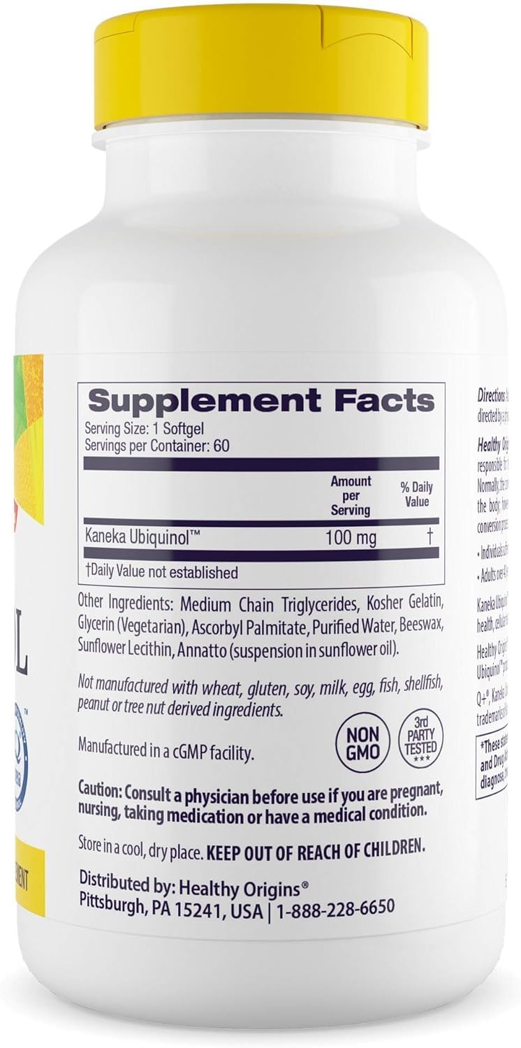 Kaneka QH badge on Healthy Origins ubiquinol packaging for premium absorption
